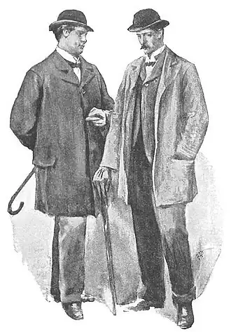 Illustration of a man facing another man with downcast eyes