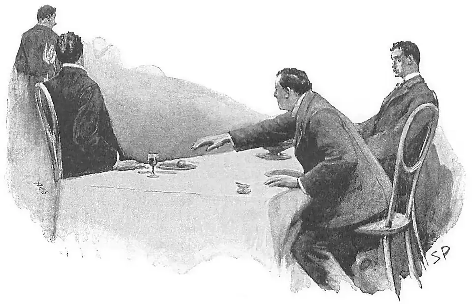 Illustration of three men seated at a table, one reaching toward the plate opposite him while that man is turned toward a receding waiter