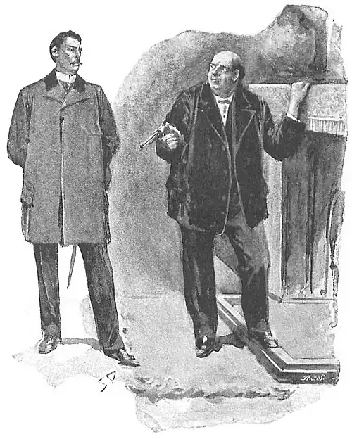 Illustration of a stooped man holding a revolver in view of another man standing aloof
