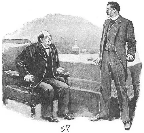 Illustration of an older man sitting fearfully in a chair opposite a younger man standing with clenched fists