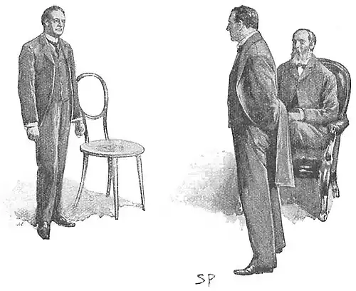 Illustration of a man standing by a chair, facing a standing man and a seated man