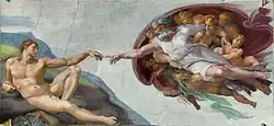 "The Creation of Adam" painting by Michelangelo, showing Adam, reclining on the left, reaching out to touch the hand of God, who, supported by angels on the right, reaches out to touch the hand of Adam.