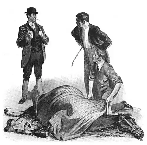 Illustration of two men standing and one kneeling around a horse lying under a blanket