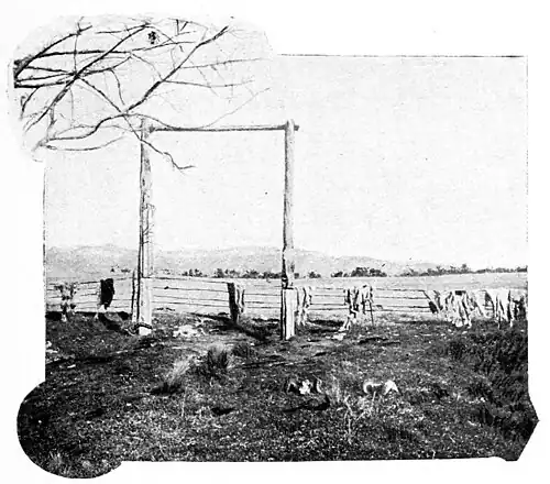 A wooden fence with sheep skins hanging on it - near the left-hand side is a gallows, used for hanging sheep after they have been killed.