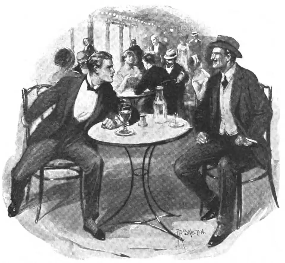 Illustration of a young man seated in a combative stance across from a man in a confident pose, with other diners in the background