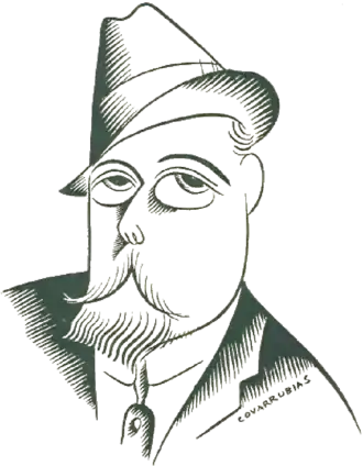 A stylized line drawing of a man in a suit and cap with a Van Dyke beard and very large doe eyes