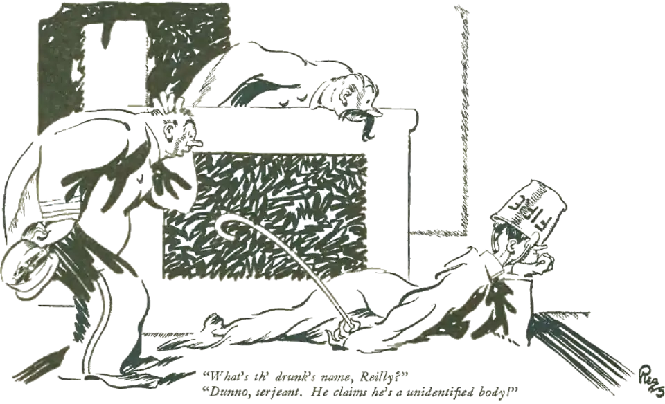 A cartoon drawing of a man with a bucket on his head and lying on the ground, as two other men look at him.