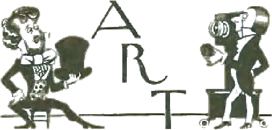 A cartoon of a man seated, holding a top hat on one side, a second man taking his photograph on the other side, and the word “ART” written between them