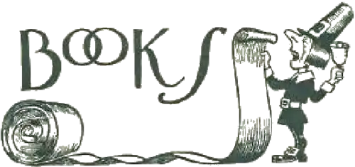 A cartoon of a Pilgrim reading aloud from an extremely long scroll while ringing a bell with the word “BOOKS” written above