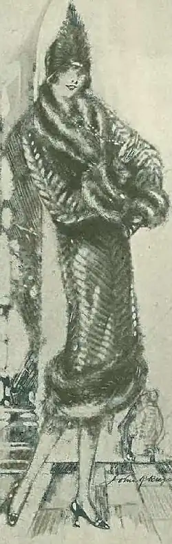 A drawing of a woman in a fine coat