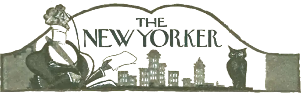 A drawing of a man in formal attire holding paper with writing, also holding a feather writing pen, an owl is on the right side, both in front of a city skyline, with the New Yorker logo above