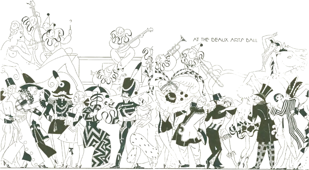 A cartoonish line drawing of several clowns playing music for a group of European military personnel, a cowboy dancing with a Native American woman, and a man in a fez dancing with a woman dressed in headgear from Ancient Egypt, and a variety of partygoers in flamboyant attire from Europe, the Middle East, and the United States. A caption above it reads “AT THE BEAUX ARTS BALL”