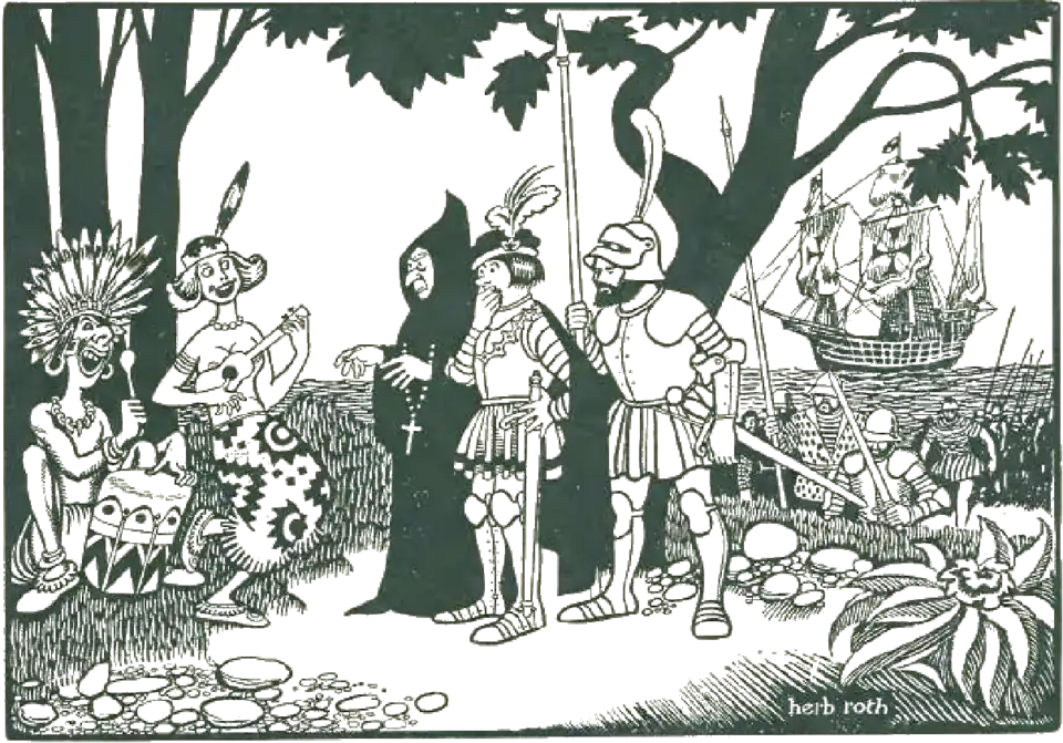 A cartoon of serious conquistadors and a priest encountering Native Americans who are playing music and smiling