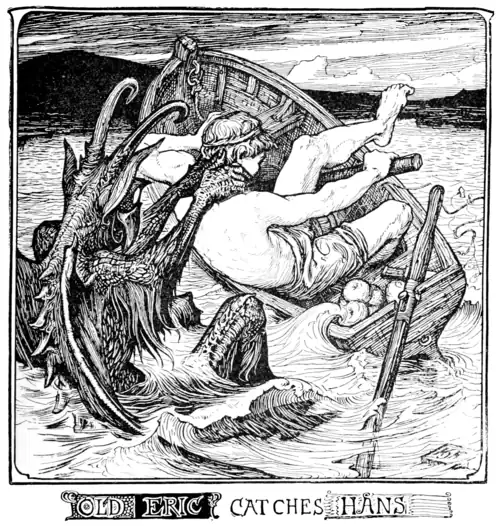 black and white illustration of a creature that looks somewhere between a gargoyle and a sea monster pulling a young man out of his boat which is tipping over. The creature has long horns which curl at the tips like antennae, somewhat bat-like ears and wings, a pointed beak, thorny spines down it’s back and long wet hair coming off it’s arms, it’s hands are around the man’s neck. The creature seems to be having fun with a gleeful expression on. The young man is broad muscular and shirtless with shaggy hair and is gripping a thick staff with one hand as he uses the other to try to brace himself. There is a bundle of food in a corner of the boat with an apple visible.