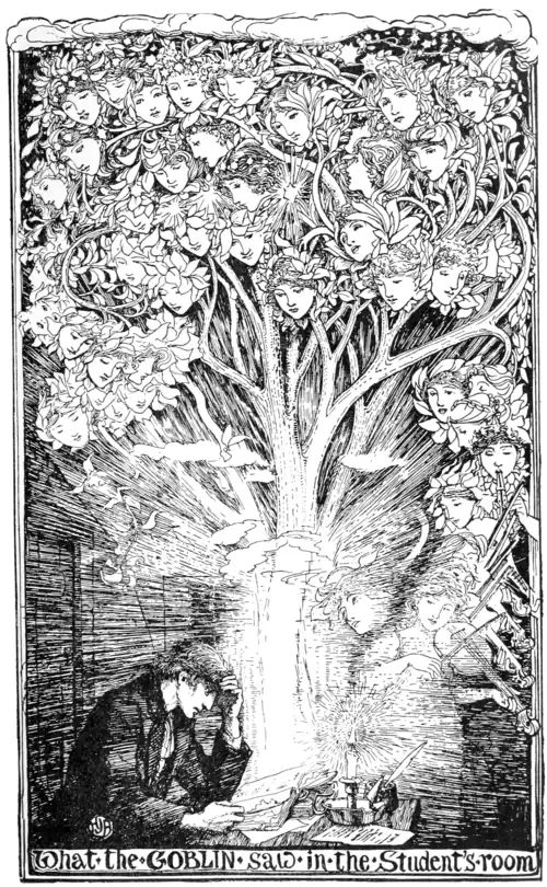black and white full page illustration of a young man leaning over a book by candlelight. A beam of light is coming out of the book and sprouting from that light is a tree in which are clouds and women’s heads. Some of the women are playing instruments