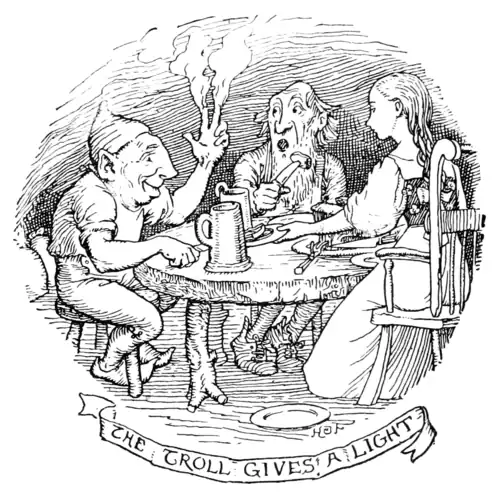 black and white illustration of three people seated at a table: a troll an old man, and a young woman. He troll sticks two fingers into the air which give off light and smoke. The old man looks shocked stopping with food still on his knife, the young woman calmly passes a plate. The troll is more or less human though with a large head and face and large slightly pointed ears. He wears a fairly simple shirt and trousers with a cap and pointed shoes. The woman has a long braid tied in a bow, a light “peasant” style dress and darker bodice. The old man has a long beard and is bald on top. The table is rough hewn with legs that look like branches and the whole room seems to be in a small cavern.