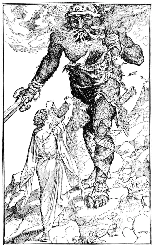 black ans white full page illustration of a giant charging down a rocky slope towards a young woman holding up a shirt made of locks of hair. The giant has a sword in one hand and a club in the other and smoke billowing from his nostrils. The giant is around twice the woman’s height but stopping slightly at her and is quite close to her. His whole body is covered in hair and he wears a jeweled helmet with a chainmail hood, a rough edged fur toga-ish garment covering one shoulder and held in place with a belt, and an ornate strap with a scabbard chained to it, and ornately-strapped sandals that wind up his legs. He has finger and toe claws and bracelets on both arms. The young woman wears a braided bun and fancy cap or hair ornament, a flowing dress with embroidery at the edges of it’s long dangling sleeves which blow in the wind and ribbon set into the belt and neckline, and pointed slippers with decorative cutouts or panels. The hair shirt is short sleeved and very large with many visible wavy tresses.