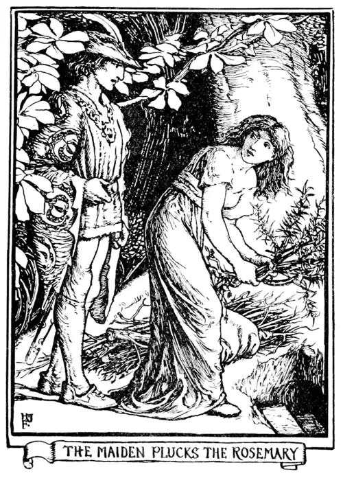 black and white illustration of a woman in the middle of picking a sprig of rosemary looking behind her in surprise where a man has stepped out of the bushes.