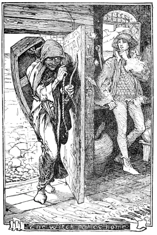 a man looks on thoughtfully as a dove flies out the window and a witch with a dough-trough strapped to her back walks in the door.