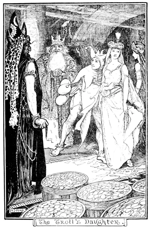 black and white full page illustration of a man dressed as a jester clasping a woman about the waist while a king and an an angry man in a pinged hat and leopard skin look on. In the foreground are several barrels filled with coins.