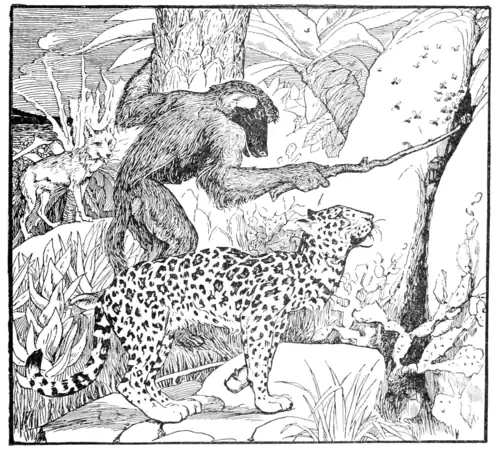 a baboon pokes a stick into a cleft in a large roc while a leopard watches. A few bees swarm around the stick. In the background a jackal looks on.