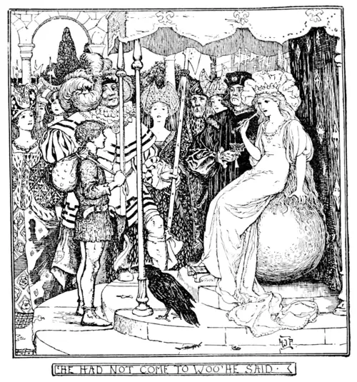 black and white illustration of a girl in a puffy-sleeved dress and a crown sitting on a giant pearl under an ornate canopy on a dais holding a puffy-feathered fan behind her head. She is looking at a boy in a plain tunic and patched leggings with a bag slung over his shoulder. The room is full of other fancily dressed people. On the dais between the girl and the boy is a large crow.