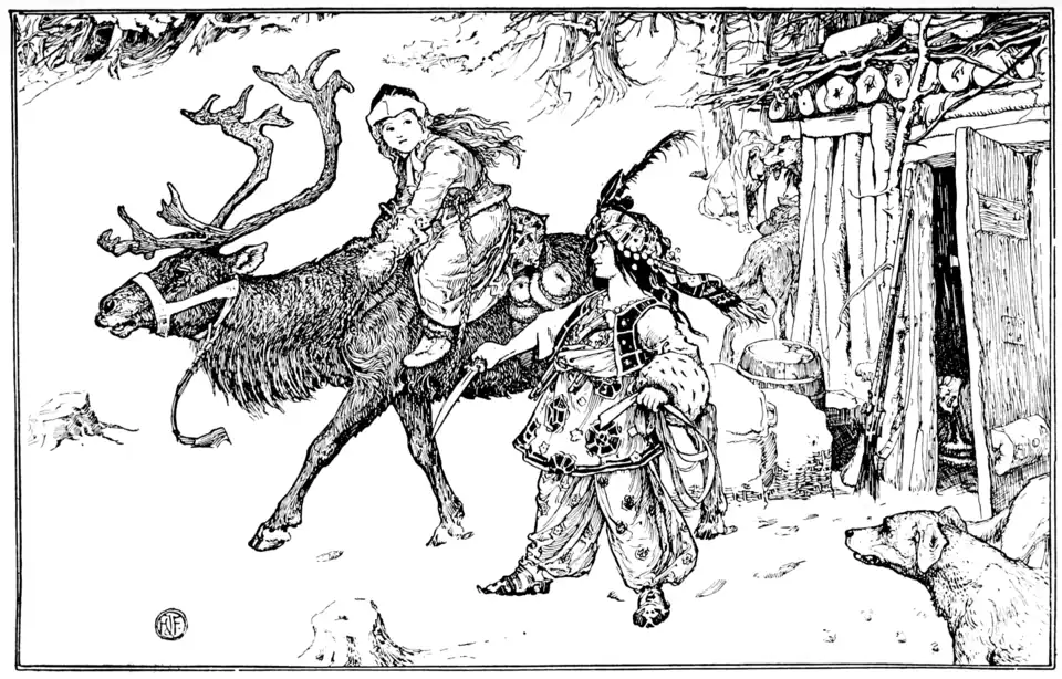 black and white full page illustration of a little girl riding a reindeer while another little girl stands nearby looking very pleased with herself. The girl on the reindeer is dressed warmly with large gloves, a hat, and boots and her light hair is flowing behind her. The girl seeing her off holds a long curved knife amd is dressed in a vaguely “Turkish”-looking outfit with pointed slippers, a loose tunic and baggy pants in a bold stylized floral print, and a turban style hat with a large plume in it. There is a ramshackle wooden building with its door open to one side and open snow on the other. In the foreground there is a dog looking somewhat displeased with the proceedings