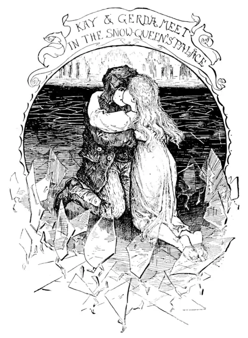 black and white illustration of a boy and a girl embracing on their knees. The big is wearing a dark hooded jacket, plain trousers, and boots. The girl has long light hair and is wearing a light dress and is barefoot. Behind them is a large frozen lake covered in cracked ice and there are ice shards forming the frame of the image below them.