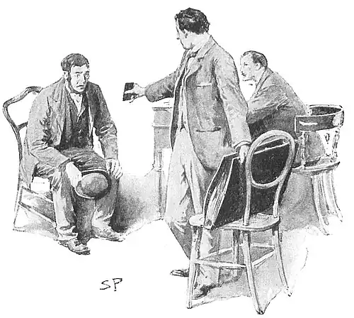 Illustration of Leamy leaning forward in surprise as Hewitt holds a small card out to him, with Brett in the background