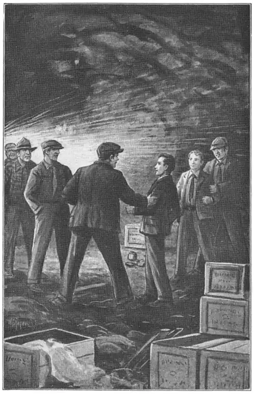 Illustration of Frank and Joe being held by a gang of five men in a cave filled with crates