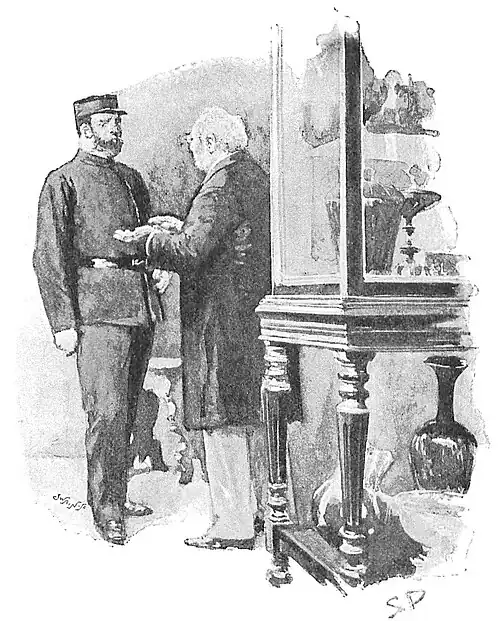 Illustration of Mr. Claridge gesturing to a policeman amid display cases