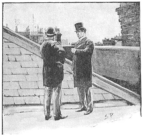Illustration of Plummer and Hewitt conferring on a roof with taller elements rising nearby and a city skyline in the background