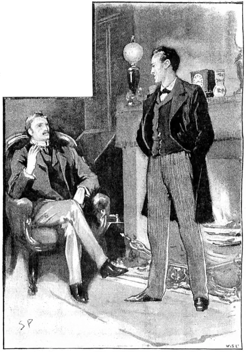 Dr. Watson sitting in an armchair, Sherlock Homes standing on the hearth-rug, with his back to the fireplace.