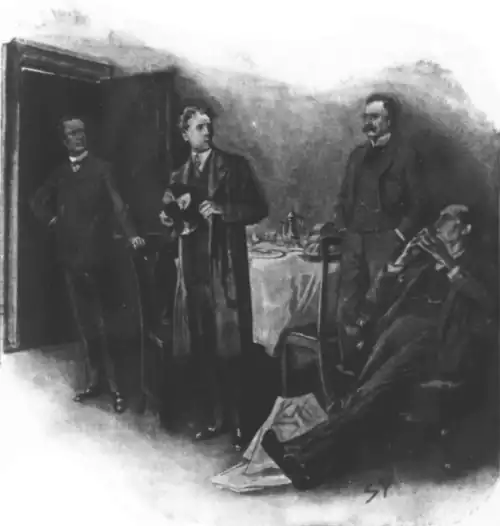 Mr. McFarlane stands at the table. Sherlock, Lestrade and Watson look on as he leaves.