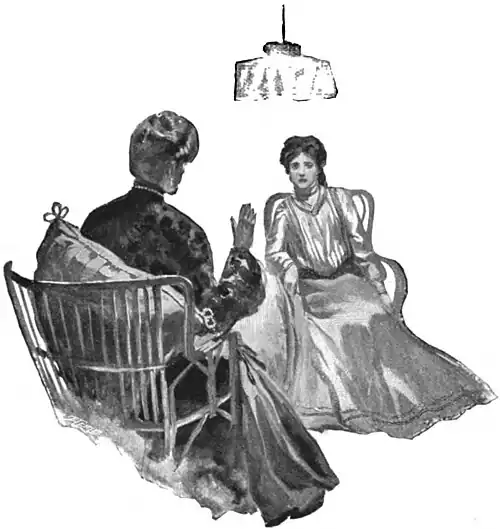 Illustration of two seated women, one with her hand palm out and the other looking distressed