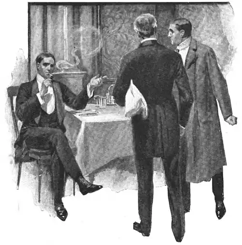 Illustration of a seated man smoking and addressing a standing waiter and a man with a clenched fist