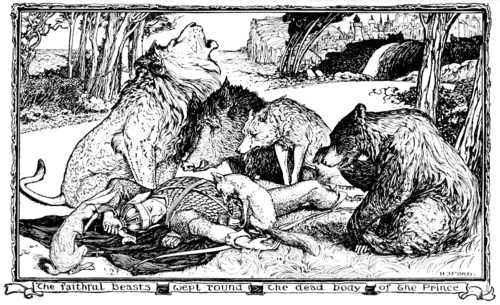 The faithful Beasts wept round the dead Body of the Prince