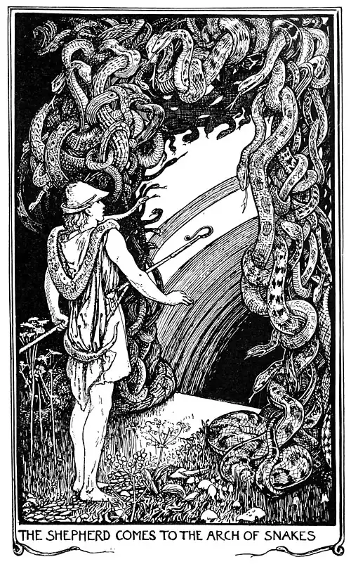 THE SHEPHERD COMES TO THE ARCH OF SNAKES
