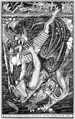 Gredell’s mother drags Beowuld to the bottom of the lake