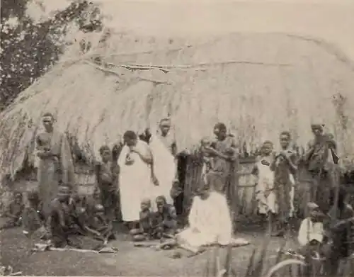 Several persons standing in front of a thatched-roof building