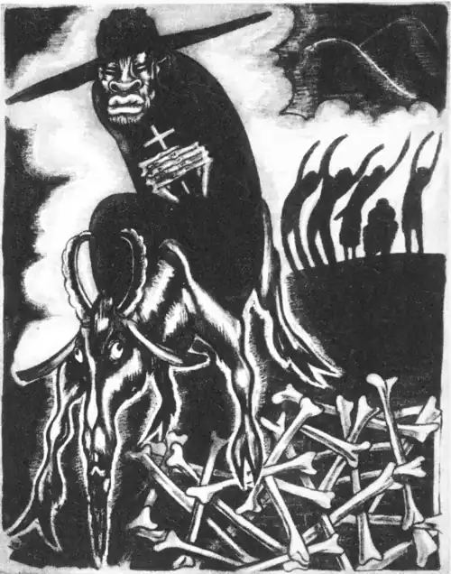 A drawing of a voodoo priest riding a goat walking over a pile of bones with dancers in the background