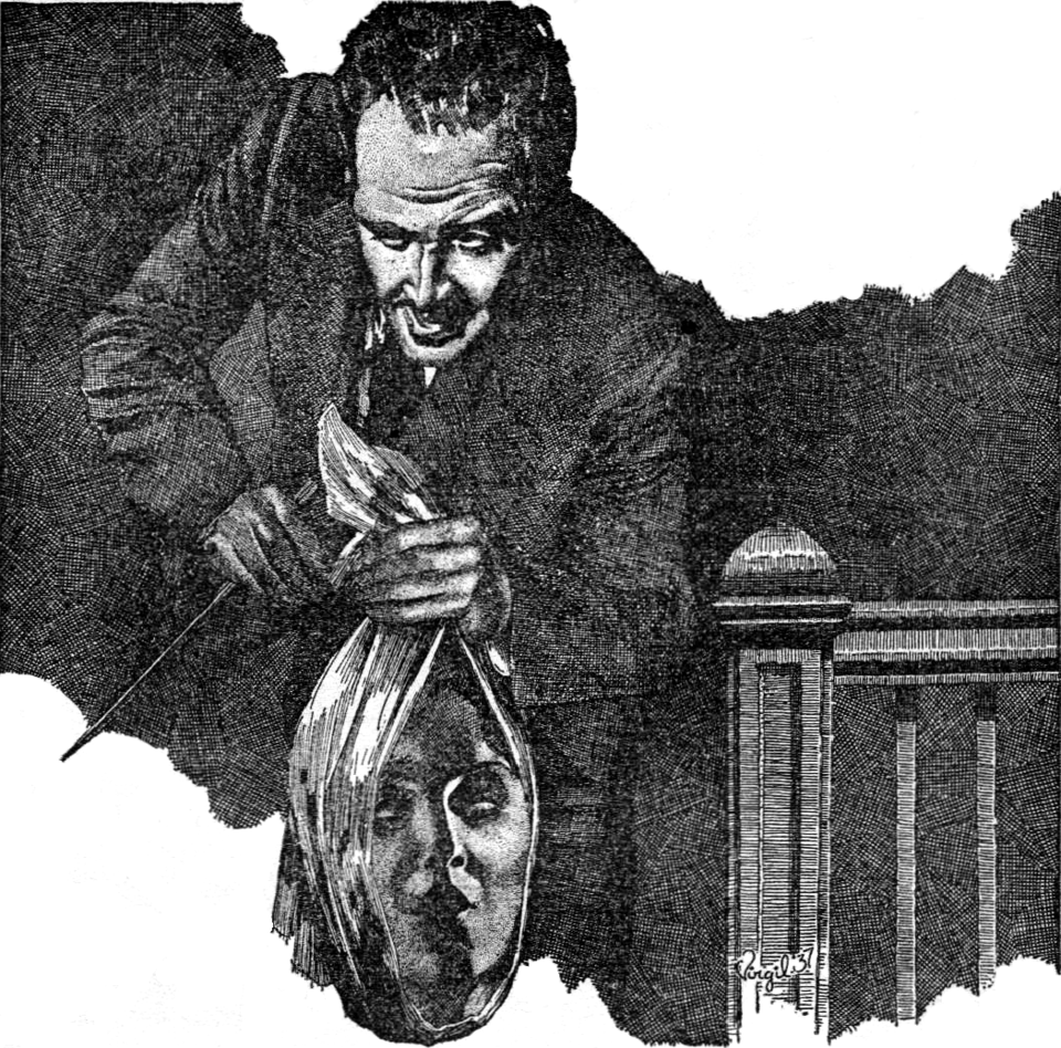 Drawing of a man in a suit holding a knife in his right hand and a woman's head in a bag in his left hand.