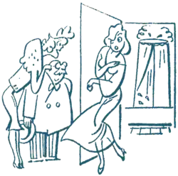 Cartoon of a woman being interrupted coming out of the shower by two guests, a man and a woman.
