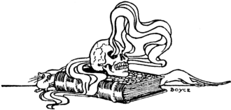 Skull resting on a leather-bound book, with smoke rising from the eye sockets, and rats running behind it.