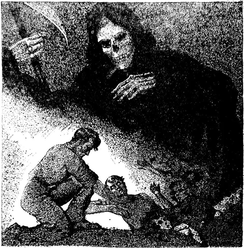 The grim Reaper stands over a scene of one man strangling another.