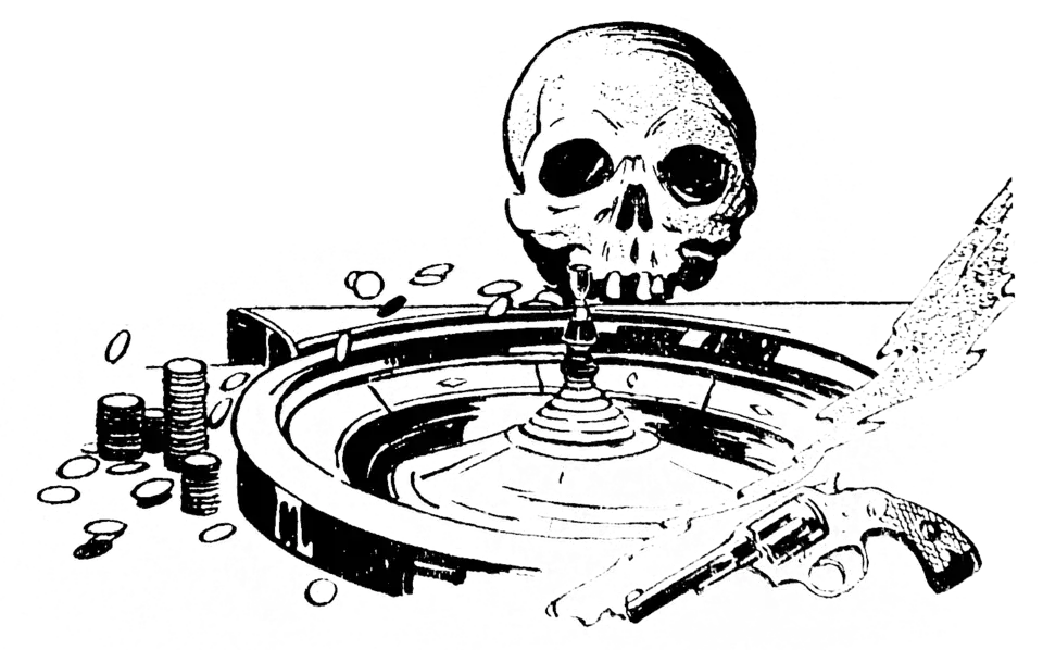 A roulette wheel and chips, with a skull and a smoking pistol.