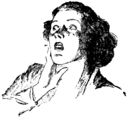 Monochrome drawing of a shocked woman looking off to right with her right hand against her face.