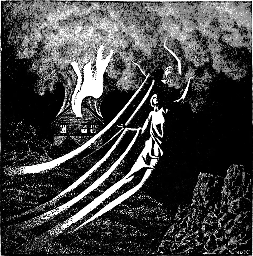 Two semi-transparent figures fly into the sky as a wooden house burns in the background.