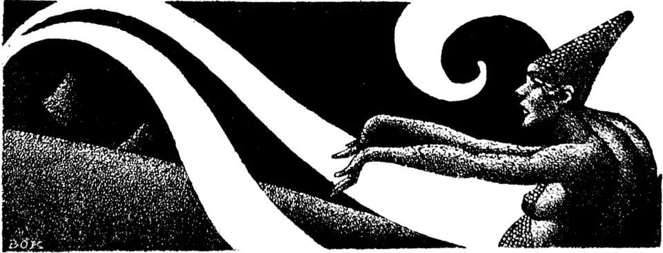 Woman with upturned hands and pointed hat surrounded by swirling negative space.