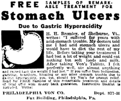 Advert for a stomach ulcer treatment from the Philadelphia Von COmpnay.